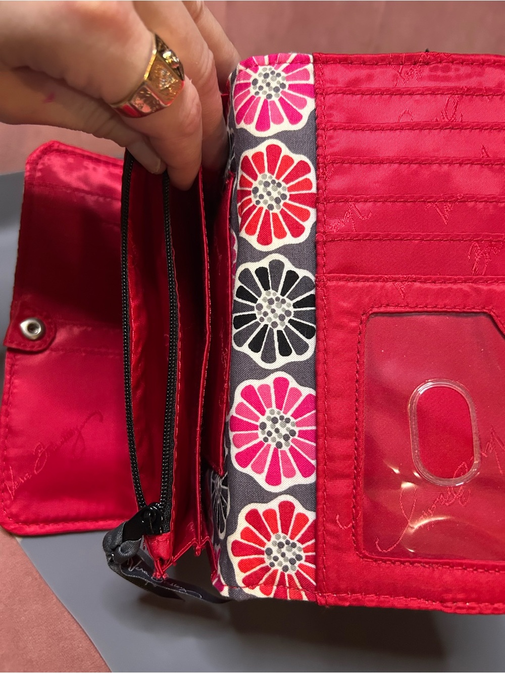 NWOT cherry. 🍒Vera Bradley Floral Quilted Trifold Wallet - Pink & Red - Picture 5 of 12